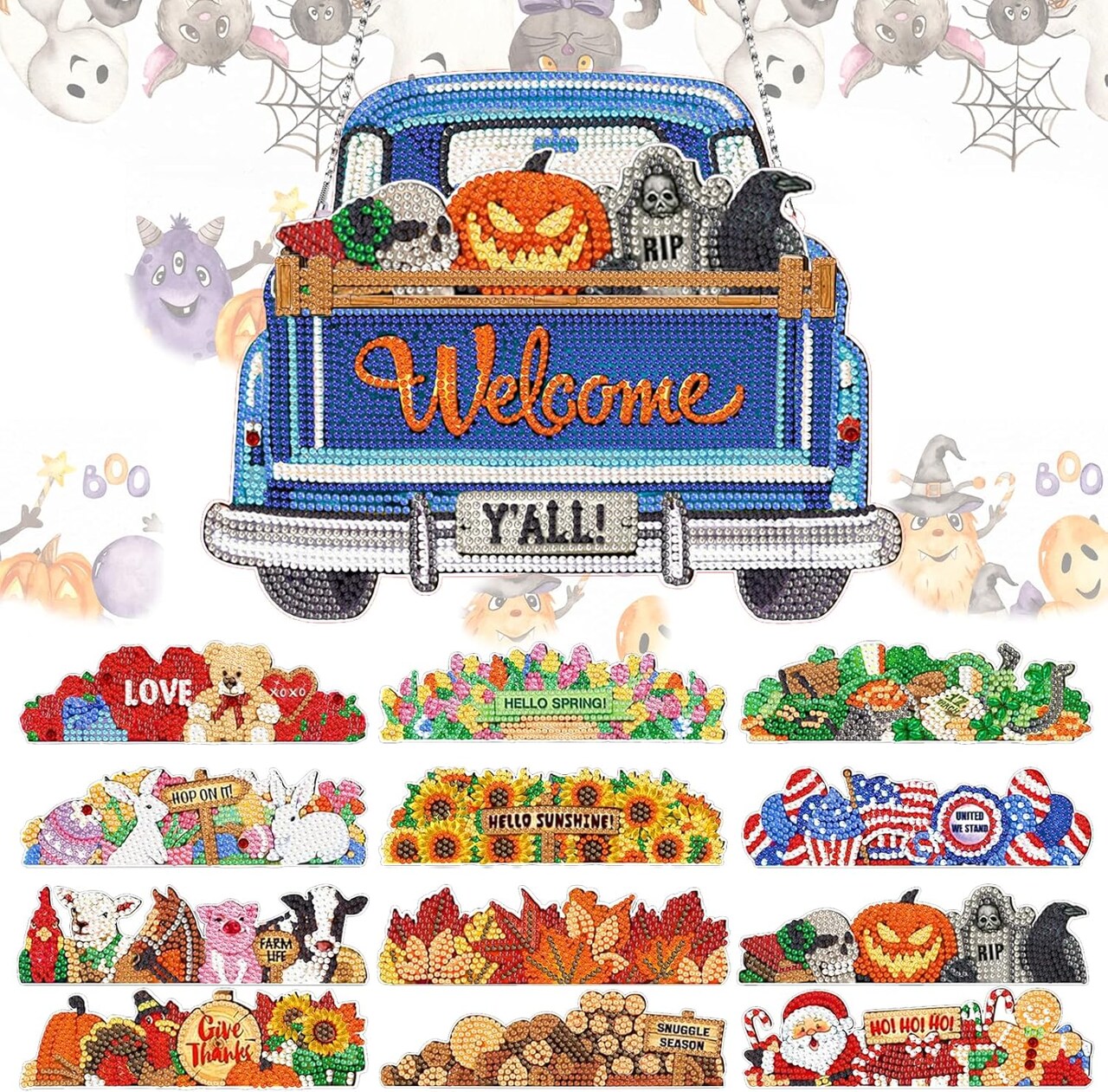 13PCS Interchangeable Diamond Painting Welcome Sign Kit, Blue Truck Seasonal Door Hanger, DIY 5D Diamond Art Farmhouse Wall Decor with 12 Holiday Icons for Front Door Home Decoration Gift Set